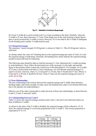 If a 6 mm V-width die is used to bend work, b is 4 mm according to the chart. Similarly, when the
V-width is 25 mm, then b becomes 17.5 mm. If the flange size in the work drawing is larger than b,
then it can be assumed the V-width is correct. However, if it is less than b, the V-width is inadequate
for the bending and a smaller V-width must be used.
2.2.3 Required tonnage
The statement, "tensile strength: 45-50 kg/mm², is shown in Table 2-1. This 45-50 kg/mm² refers to
mild steel.
As already stated, the value of F (bending force) is the required tonnage per meter of work. It is also
the required tonnage in bottoming. Generally, the bending force charts indicate the required tonnage
needed to bend mild steel by bottoming.
The following steps should be taken to find the necessary F. First, determine the V-width according
to work thickness t. Next, follow the horizontal row of the necessary t to the right, and read the
figure in the position where it meets the vertical row of the determined V. For example, if a V-width
of 12 mm is used to bend work that is 2 mm in thickness, you will find the required tonnage F is
equal to 22 tons. Likewise, when t is 3.2 mm and V is 25 mm, then F should read 27 tons. When t is
6 mm and V is 50 mm, F should be 48 tons. These F values are the required tonnage per meter of
work. Go to Top
2-3 Four Relationships
The four relationships refer to those between the required tonnage and V-width, sheet thickness,
bending length, and tensile strength. In many cases, the bending force chart is not utilized effectively
due to the operator not understanding it.
Effective use of the chart is being able to make the most of these four relationships, or those between
F and V, F and t, F and and F and b.
2-3-1 Relationship between F and V
Table 2-2 shows the required tonnage used per meter when 1 mm and 2 mm mild steel sheets are
bent in different V-widths.
As shown in the chart, if the V-width is doubled, the required tonnage will be reduced to 1/2. In
short, the required tonnage F is inversely proportional to the V-width V. This inverse proportion is
expressed as F=k-11V.
Table 2-2
t=1.0 mm t=2.0 mm
V(mm) 6 12 V(mm) 12 25
F(ton) 11 6 F(ton) 22 11
 
