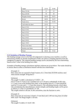 2-4 Calculation of Bending Tonnage
The bending tonnage serves as the basis for judgement in selecting a new machine, as well as
determining whether an already-installed press brake can achieve a bending operation from the
standpoint of capacity. The required bending tonnage can be calculated by the four relationships,
based on the F value in the bending force chart.
Examples of bending tonnage calculations and their solutions are given below. The reader should try
to answer them in order to familiarize himself with the four relationships.
[Example 1]
How many tons are required to bend 4 meters of a 1.5mm thick SUS304 stainless steel
sheet (tensile strength: 60 kg/mm²)?
[Solution]
The sought V-width is calculated as V=6XI.5 . .10
(6xl.5=9, but V=9 mm is not a standard size so V=10 mm is substituted). In this case,
t=1.5 mm is not in the bending force chart, so the bending force (F=17 tons) should be
read for V=to mm and t = 1. 6 mm (the closest t). The calculating formula, which takes
into consideration the sheet thickness, tensile strength, and bending length, will be given
as follows: F.17X(1.5/1.6)2X60/45 x 4= 80
The sought solution is 80 tons. In this calculation, raise the fractions to units.
[Example 2]
How many tons are necessary to bend a 15 mm thick and 3,100 mm long sheet of rolled
SS41 steel? The flange length is 120 mm.
[Solution]
The sought V-width is V=t2xl5=180.
Copper 22-28 30-40
Brass (70:30) 33 53
Brass (60:40) 38 49
Phosphor bronze 40-50 50-75
Bronze 40-50 50-75
Nickel silver 35-45 55-70
Cold rolled iron sheet 32-38 -
Steel, 0.1%C 32 40
Steel, 0.2%C 40 50
Steel, 0.3%C 45 60
Steel, 0.4%C 56 72
Steel, 0.6%C 72 90
Steel, 0.8%C 90 110
Steel, 1.0%C 100 130
Silicon steel sheet 55 65
Stainless steel sheet 65-70 -
Nickel 44-50 57-63
 