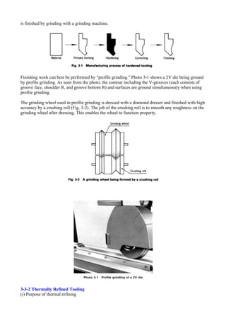 is finished by grinding with a grinding machine.
Finishing work can best be performed by "profile grinding." Photo 3-1 shows a 2V die being ground
by profile grinding. As seen from the photo, the contour including the V-grooves (each consists of
groove face, shoulder R, and groove bottom R) and surfaces are ground simultaneously when using
profile grinding.
The grinding wheel used in profile grinding is dressed with a diamond dresser and finished with high
accuracy by a crushing roll (Fig. 3-2). The job of the crushing roll is to smooth any roughness on the
grinding wheel after dressing. This enables the wheel to function property.
3-3-2 Thermally Refined Tooling
(i) Purpose of thermal refining
 