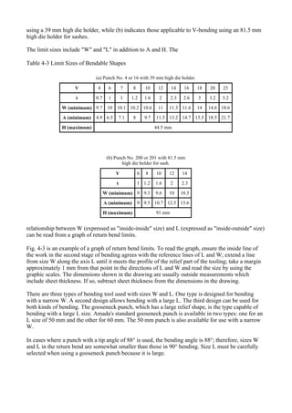 using a 39 mm high die holder, while (b) indicates those applicable to V-bending using an 81.5 mm
high die holder for sashes.
The limit sizes include "W" and "L" in addition to A and H. The
Table 4-3 Limit Sizes of Bendable Shapes
relationship between W (expressed as "inside-inside" size) and L (expressed as "inside-outside" size)
can be read from a graph of return bend limits.
Fig. 4-3 is an example of a graph of return bend limits. To read the graph, ensure the inside line of
the work in the second stage of bending agrees with the reference lines of L and W; extend a line
from size W along the axis L until it meets the profile of the relief part of the tooling; take a margin
approximately 1 mm from that point in the directions of L and W and read the size by using the
graphic scales. The dimensions shown in the drawing are usually outside measurements which
include sheet thickness. If so, subtract sheet thickness from the dimensions in the drawing.
There are three types of bending tool used with sizes W and L. One type is designed for bending
with a narrow W. A second design allows bending with a large L. The third design can be used for
both kinds of bending. The gooseneck punch, which has a large relief shape, is the type capable of
bending with a large L size. Amada's standard gooseneck punch is available in two types: one for an
L size of 50 mm and the other for 60 mm. The 50 mm punch is also available for use with a narrow
W.
In cases where a punch with a tip angle of 88° is used, the bending angle is 88°; therefore, sizes W
and L in the return bend are somewhat smaller than those in 90° bending. Size L must be carefully
selected when using a gooseneck punch because it is large.
(a) Punch No. 4 or 16 with 39 mm high die holder.
V 4 6 7 8 10 12 14 16 18 20 25
t 0.7 1 1 1.2 1.6 2 2.3 2.6 3 3.2 3.2
W (minimum) 9.7 10 10.1 10.2 10.6 11 11.3 11.6 14 14.6 18.6
A (minimum) 4.9 6.5 7.1 8 9.7 11.5 13.2 14.7 15.5 18.5 21.7
H (maximum) 44.5 mm
(b) Punch No. 200 or 201 with 81.5 mm
high die holder for sash.
V 6 8 10 12 14
t 1 1.2 1.6 2 2.3
W (minimum) 9 9.3 9.6 10 10.3
A (minimum) 9 9.5 10.7 12.5 13.6
H (maximum) 91 mm
 