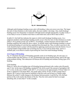 phenomenon.
Although multi-breakage bending occurs only in R-bending, it does not occur every time. The larger
the ratio of sheet thickness to the inside radius, the more readily it develops. Also, multi-breakage
bending occurs less frequently in materials with high tensile strength and ductility. In other words, it
is less likely to occur in stainless steel than in cold-rolled steel; and in SPCE than in SPCC.
In table 4-5, the bold line indicates the region in which multi-breakage bending occurs. As a
judgment standard, multi-breakage bending usually occurs when the ratio of sheet thickness to inside
radius is 30 or greater (in the case of SPCC). Accordingly, counter-measures must be taken if the
bending conditions fall within the above region. As already stated, multi-breakage bending is caused
by advanced bending of work that has separated from the punch tip. Thus, in order to prevent it, the
work should be kept in contact with the punch by applying counter-pressure from the bottom. Use of
a spring-loaded counter-holder type of tooling [see Fig. 4-7(c)i and an elastic body, such as a
urethane pad, is an effective means of preventing the work from multi-breakage bending.
4-4-4 Types of R-bending
Fig. 4-7 illustrates the types of R-bending generally used; (a) air bending type, (b) cam type, (c)
counter-holder type that utilizes a 1V die, (d) bottoming type using formed tooling, and (e) the type
using urethane tooling. This subsection will discuss the air bending and urethane tooling types of R-
bending.
(i)Air bending
Photo 4-1 shows the air bending type of R-bending being performed with a radius ruler (R punch)
and 1V die. In this type of R-bending, standard 85' die can be used if the amount of springback AØ
is 5° or less. In the case of SPCC with AØ=5°, ir/t is known to be approximately 10 from Table 4-5.
If this is applied to I mm thick SPCC, the inside radius will be 10 mm. If AØ is greater than 5
degrees, the V-groove relief must be modified so that the work can be bent to a smaller angle.
Because the actual V-width changes to the distance between points A and B (Fig. 4-8), the bent
portion of the work reaches the bottom of the die. Thus the work cannot be bent to an angle
absorbing AØ, or more than 5° in this example.
 