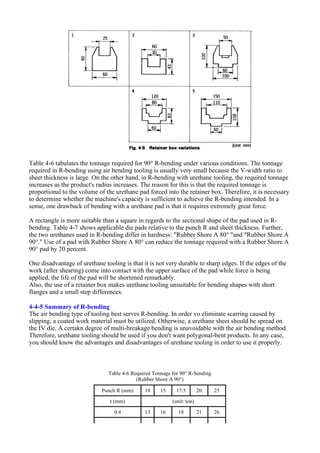 Table 4-6 tabulates the tonnage required for 90° R-bending under various conditions. The tonnage
required in R-bending using air bending tooling is usually very small because the V-width ratio to
sheet thickness is large. On the other hand, in R-bending with urethane tooling, the required tonnage
increases as the product's radius increases. The reason for this is that the required tonnage is
proportional to the volume of the urethane pad forced into the retainer box. Therefore, it is necessary
to determine whether the machine's capacity is sufficient to achieve the R-bending intended. In a
sense, one drawback of bending with a urethane pad is that it requires extremely great force.
A rectangle is more suitable than a square in regards to the sectional shape of the pad used in R-
bending. Table 4-7 shows applicable die pads relative to the punch R and sheet thickness. Further,
the two urethanes used in R-bending differ in hardness: "Rubber Shore A 80° "and "Rubber Shore A
90°." Use of a pad with Rubber Shore A 80° can reduce the tonnage required with a Rubber Shore A
90° pad by 20 percent.
One disadvantage of urethane tooling is that it is not very durable to sharp edges. If the edges of the
work (after shearing) come into contact with the upper surface of the pad while force is being
applied, the life of the pad will be shortened remarkably.
Also, the use of a retainer box makes urethane tooling unsuitable for bending shapes with short
flanges and a small step differences.
4-4-5 Summary of R-bending
The air bending type of tooling best serves R-bending. In order vo eliminate scarring caused by
slipping, a coated work material must be utilized. Otherwise, a urethane sheet should be spread on
the IV die. A certakn degree of multi-breakage bending is unavoidable with the air bending method.
Therefore, urethane tooling should be used if you don't want polygonal-bent products. In any case,
you should know the advantages and disadvantages of urethane tooling in order to use it properly.
Table 4-6 Required Tonnage for 90° R-Sending
(Rubber Shore A 90°)
Punch R (mm) 10 15 17.5 20 25
t (mm) (unit: ton)
0.4 13 16 18 21 26
 