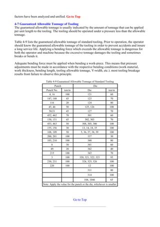 factors have been analyzed and unified. Go to Top
4-7 Guaranteed Allowable Tonnage of Tooling
The guaranteed allowable tonnage is usually indicated by the amount of tonnage that can be applied
per unit length to the tooling. The tooling should be operated under a pressure less than the allowable
tonnage.
Table 4-9 lists the guaranteed allowable tonnage of standard tooling, Prior to operation, the operator
should know the guaranteed allowable tonnage of the tooling in order to prevent accidents and insure
a long service life. Applying a bending force which exceeds the allowable tonnage is dangerous for
both the operator and machine because the excessive tonnage damages the tooling and sometimes
breaks or bends it.
Adequate bending force must be applied when bending a work-piece. This means that pressure
adjustments must be made in accordance with the respective bending conditions (work material,
work thickness, bending length, tooling allowable tonnage, V-width, etc.). most tooling breakage
results front failure to observe this principle.
Go to Top
Table 4-9 Guaranteed Allowable Tonnage of Standard Tooling
Punch Die
Punch No. ton/m Die ton/m
4, 16 100 121 60
147, 148 45 123 70
116 20 124 80
45, 46 50 125, 126 100
50,51 45 127 70
452, 462 70 301 60
150, 151 45 302, 303 70
453, 463 50 304, 305, 306 100
155, 156 30 13, 14, 18, 35 100
108, 109 50 5, 36, 37, 38, 39 100
200, 201 100 337 30
103, 210 100 340 80
8 30 341 60
49 20 342 40
215 100 343 70
3 100 320, 321, 322, 323 95
230, 231 100 324, 325, 326 100
220 100 12 100
311 80
314 100
104, 1046 65
Note: Apply the value for the punch or the die, whichever is smaller.
 