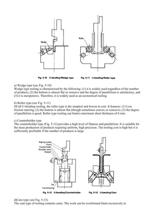 a) Wedge type (see Fig. 5-10)
Wedge type tooling is characterized by the following: (1) it is widely used regardless of the number
of products, (2) the bottom is almost flat or concave and the degree of parallelism is satisfactory, and
(3) it is inexpensive. Therefore, it is widely used as an economical tooling.
b) Roller type (see Fig. 5-11)
Of all U-bending tooling, the roller type is the simplest and lowest in cost. It features: (1) Low
friction marring, (2) the bottom is almost flat (though sometimes convex or concave), (3) the degree
of parallelism is good. Roller type tooling can bend a maximum sheet thickness of 6 mm.
c) Counterholder type
The counterholder type (Fig. 5-12) provides a high level of flatness and parallelism. It is suitable for
the mass production of products requiring uniform, high precision. The tooling cost is high but it is
sufficiently profitable if the number of products is large.
d)Cam type (see Fig. 5-13)
The cam type of tooling contains cams. The work can be overformed (bent excessively in
 