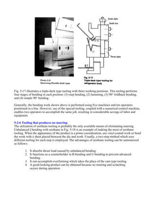 Fig. 5-17 illustrates a triple-deck type tooling with three working positions. This tooling performs
four stages of bending in each position: (1) step bending, (2) hemming, (3) 90° foldback bending,
and (4) simple 90° bending.
Generally, the bending work shown above is performed using five machines and ten operators
positioned in a line. However, use of the special tooling, coupled with a numerical-control machine,
enables two operators to accomplish the same job, resulting in considerable savings of labor and
equipment.
5-2-6 Tooling that produces no marring
The utilization of urethane tooling is probably the only available means of eliminating marring.
Unbalanced ] bending with urethane in Fig. 5-18 is an example of making the most of urethane
tooling. When the appearance of the product is a prime consideration, use vinyl-coated work or bend
the work with a sheet placed between the die and work. Usually, a two-step method which uses
different tooling for each step is employed. The advantages of urethane tooling can be summarized
as follows:
1. It absorbs thrust load caused by unbalanced bending.
2. It functions as a counterholder in R-bending and U-bending to prevent advanced
bending.
3. It can accomplish overforming which takes the place of the cam type tooling.
4. A good-looking product can be obtained because no marring and scratching
occurs during operation.
 