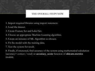 1. Import required libraries using import statement.
2. Load the dataset.
3. Create Feature Set and Label Set.
4. Choose an appropriate Machine Learning algorithm.
5. Create an instance of ML Algorithm so chosen.
6. Fit the model with the training data.
7. Test the system for result.
8. Finally, if interested, find accuracy of the system using mathematical calculation
(accuracy= correct / total) or accuracy_score function of sklearn.metrics
module.
THE OVERALL STEPS NOW
 