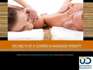 The ABC’s of a Career in Massage Therapy From the UniversityDecisions.com Decisions Center  UniversityDecisions.com Copyright © 2010 VERGO Marketing, Inc.  All Rights Reserved 