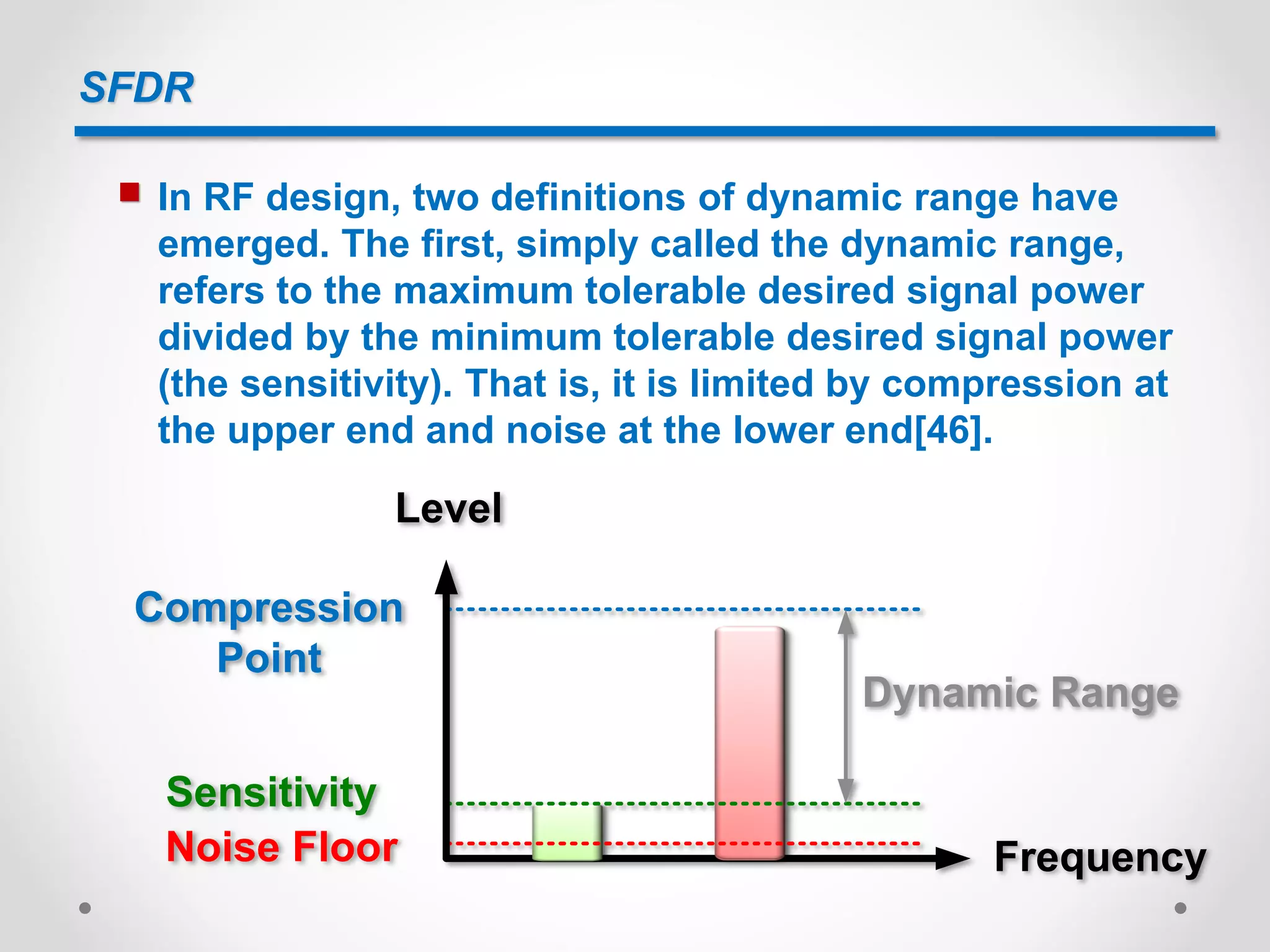 SFDR
 In RF design, two definitions of dynamic range have
emerged. The first, simply called the dynamic range,
refers to the maximum tolerable desired signal power
divided by the minimum tolerable desired signal power
(the sensitivity). That is, it is limited by compression at
the upper end and noise at the lower end[46].
Level
FrequencyNoise Floor
Sensitivity
Compression
Point
Dynamic Range
 
