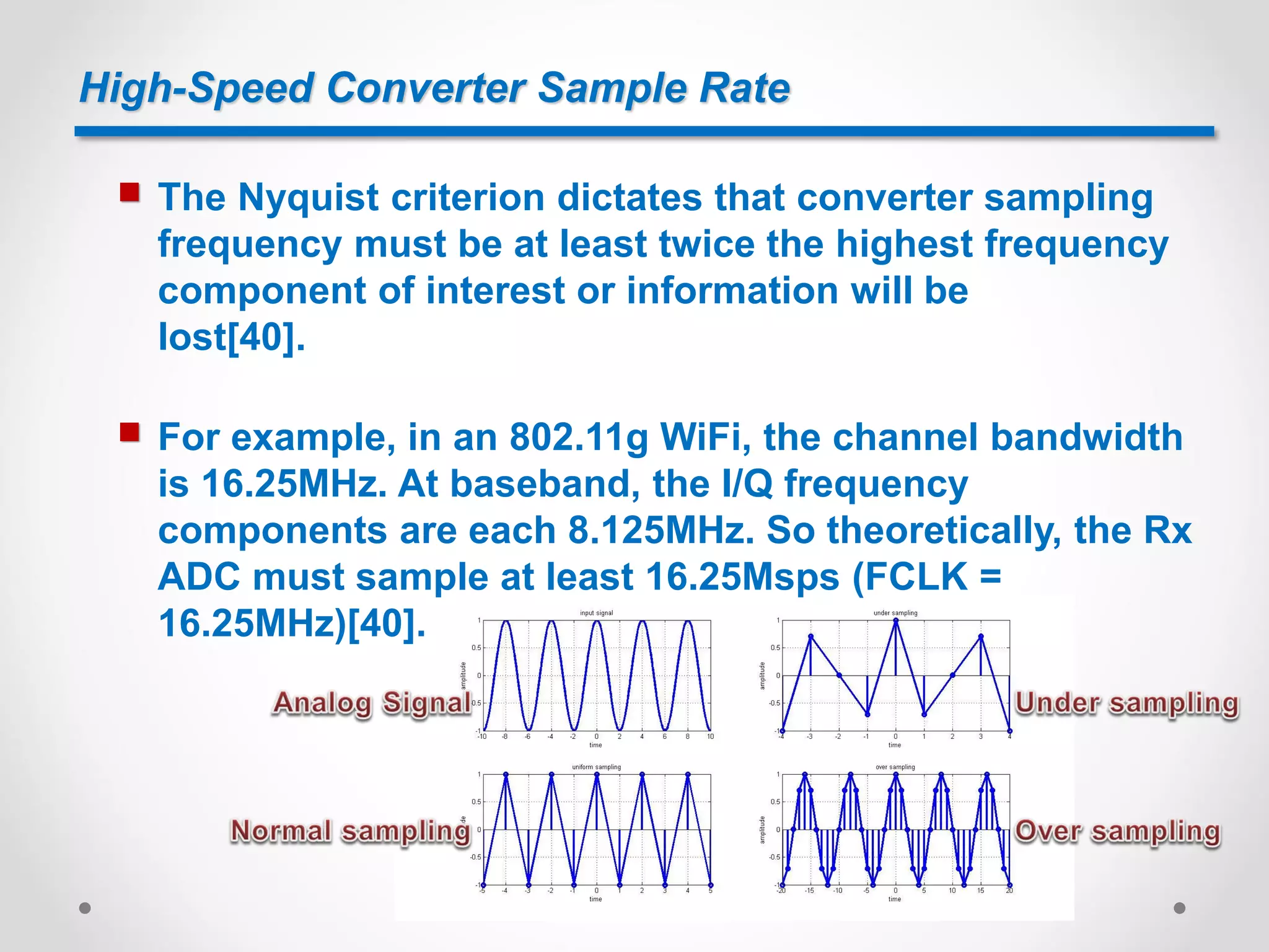 High-Speed Converter Sample Rate
 The Nyquist criterion dictates that converter sampling
frequency must be at least twice the highest frequency
component of interest or information will be
lost[40].
 For example, in an 802.11g WiFi, the channel bandwidth
is 16.25MHz. At baseband, the I/Q frequency
components are each 8.125MHz. So theoretically, the Rx
ADC must sample at least 16.25Msps (FCLK =
16.25MHz)[40].
 