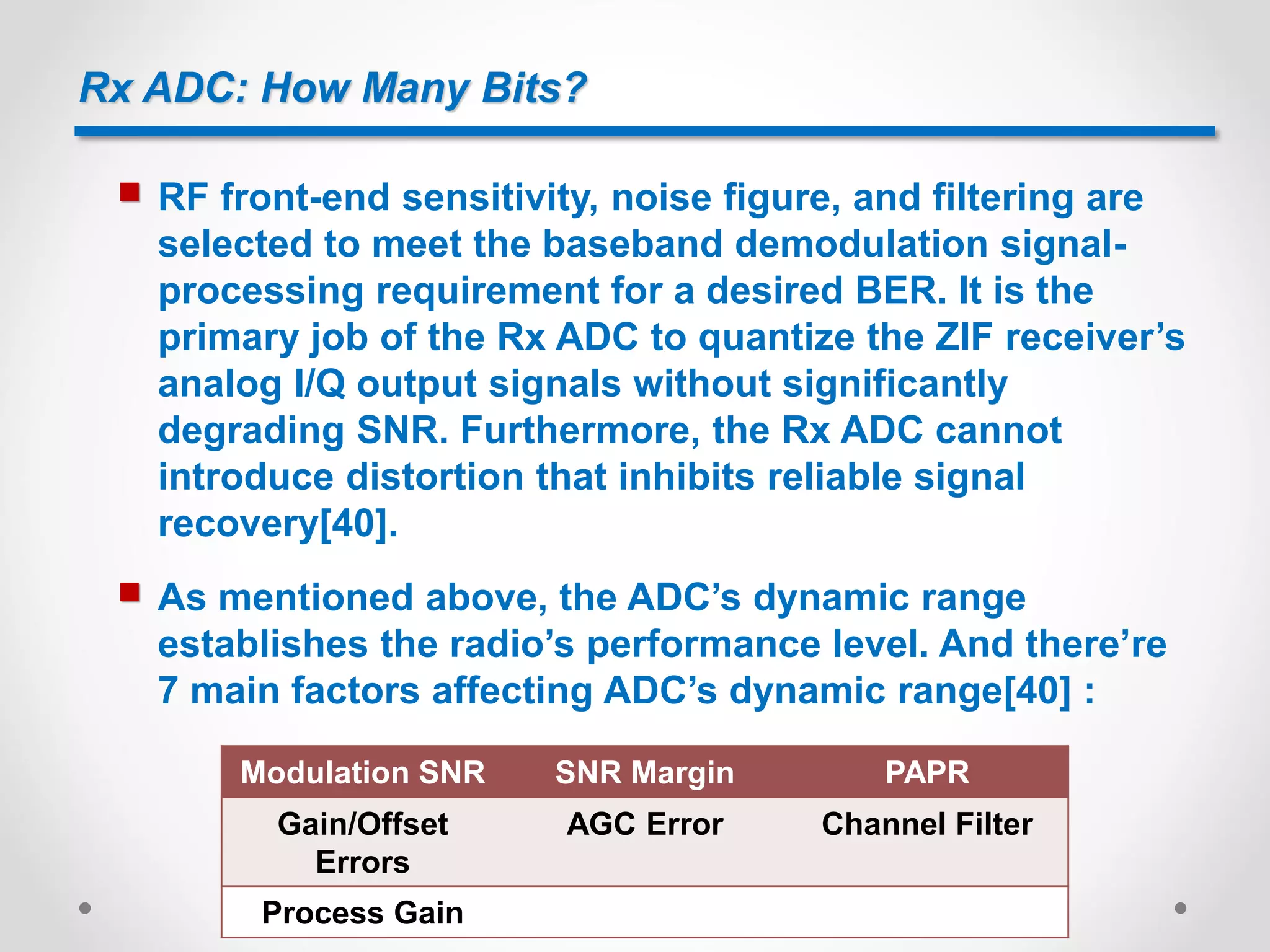 Rx ADC: How Many Bits?
 RF front-end sensitivity, noise figure, and filtering are
selected to meet the baseband demodulation signal-
processing requirement for a desired BER. It is the
primary job of the Rx ADC to quantize the ZIF receiver’s
analog I/Q output signals without significantly
degrading SNR. Furthermore, the Rx ADC cannot
introduce distortion that inhibits reliable signal
recovery[40].
 As mentioned above, the ADC’s dynamic range
establishes the radio’s performance level. And there’re
7 main factors affecting ADC’s dynamic range[40] :
Modulation SNR SNR Margin PAPR
Gain/Offset
Errors
AGC Error Channel Filter
Process Gain
 