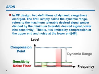 SFDR
 In RF design, two definitions of dynamic range have
emerged. The first, simply called the dynamic range,
refers to the maximum tolerable desired signal power
divided by the minimum tolerable desired signal power
(the sensitivity). That is, it is limited by compression at
the upper end and noise at the lower end[46].
Level
FrequencyNoise Floor
Sensitivity
Compression
Point
Dynamic Range
 