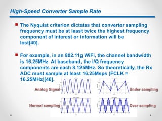 High-Speed Converter Sample Rate
 The Nyquist criterion dictates that converter sampling
frequency must be at least twice the highest frequency
component of interest or information will be
lost[40].
 For example, in an 802.11g WiFi, the channel bandwidth
is 16.25MHz. At baseband, the I/Q frequency
components are each 8.125MHz. So theoretically, the Rx
ADC must sample at least 16.25Msps (FCLK =
16.25MHz)[40].
 