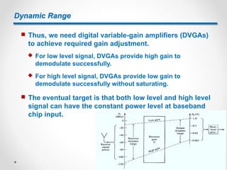 Dynamic Range
 Thus, we need digital variable-gain amplifiers (DVGAs)
to achieve required gain adjustment.
 For low level signal, DVGAs provide high gain to
demodulate successfully.
 For high level signal, DVGAs provide low gain to
demodulate successfully without saturating.
 The eventual target is that both low level and high level
signal can have the constant power level at baseband
chip input.
 