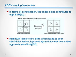 ADC’s clock phase noise
 In terms of constellation, the phase noise contributes to
high EVM[52] :
 High EVM leads to low SNR, which leads to poor
sensitivity; hence, it proves again that clock noise does
aggravate sensitivity[52].
 