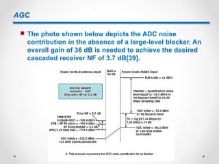 AGC
 The photo shown below depicts the ADC noise
contribution in the absence of a large-level blocker. An
overall gain of 36 dB is needed to achieve the desired
cascaded receiver NF of 3.7 dB[39].
 