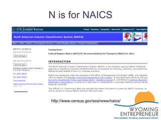 N is for NAICS http://www.census.gov/eos/www/naics/  