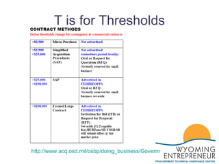 T is for Thresholds http://www.acq.osd.mil/osbp/doing_business/Government%20Contracting%20052006.pdf 