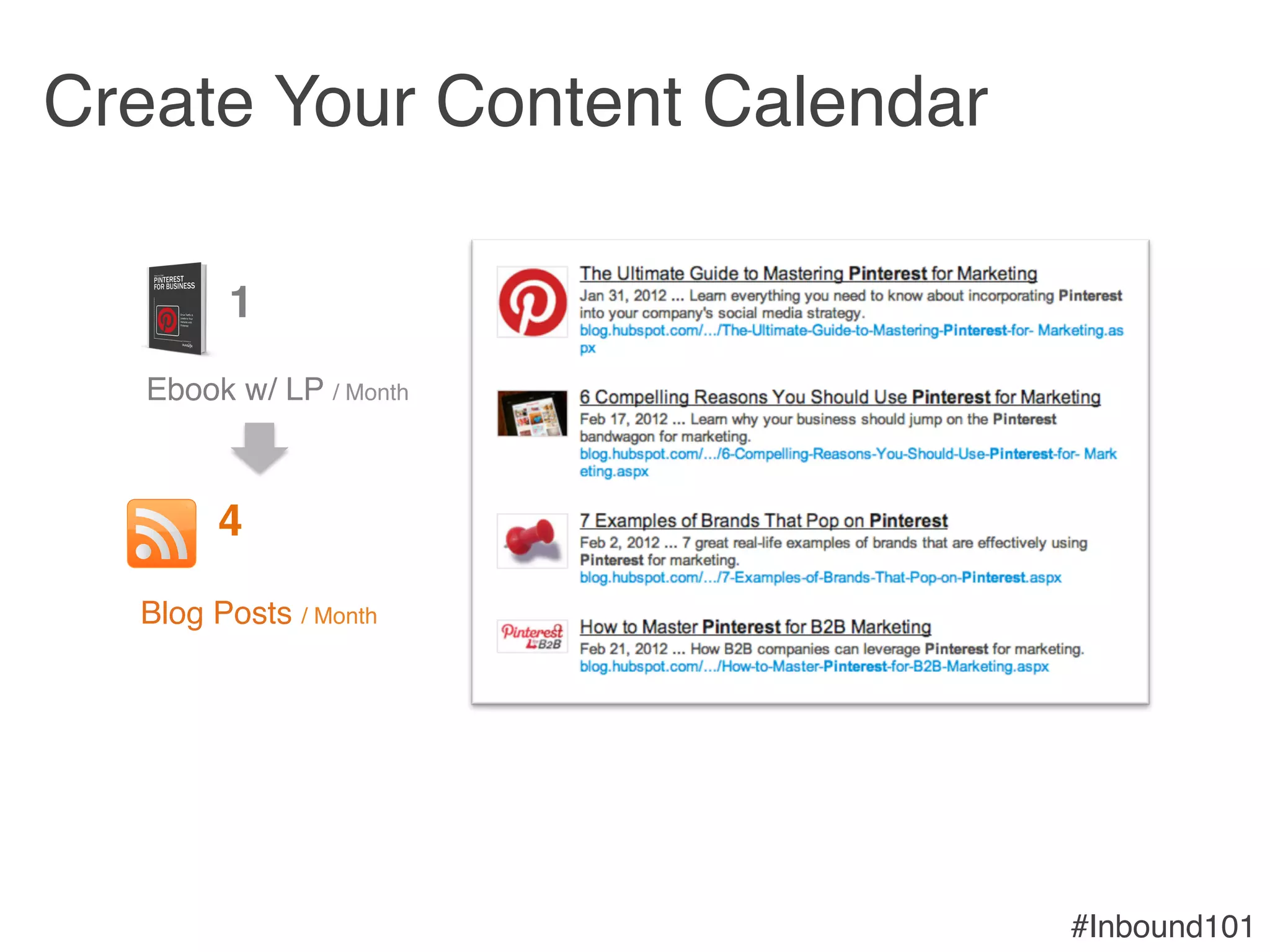 #Inbound101!
4!
Blog Posts / Month!
1!
Ebook w/ LP / Month!
Create Your Content Calendar"
 