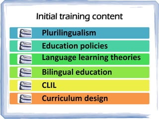 Initial training content
Plurilingualism
Education policies
Language learning theories
Bilingual education
CLIL
Curriculum...