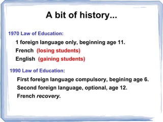 A bit of history...
1970 Law of Education:
1 foreign language only, beginning age 11.
French (losing students)
English (ga...