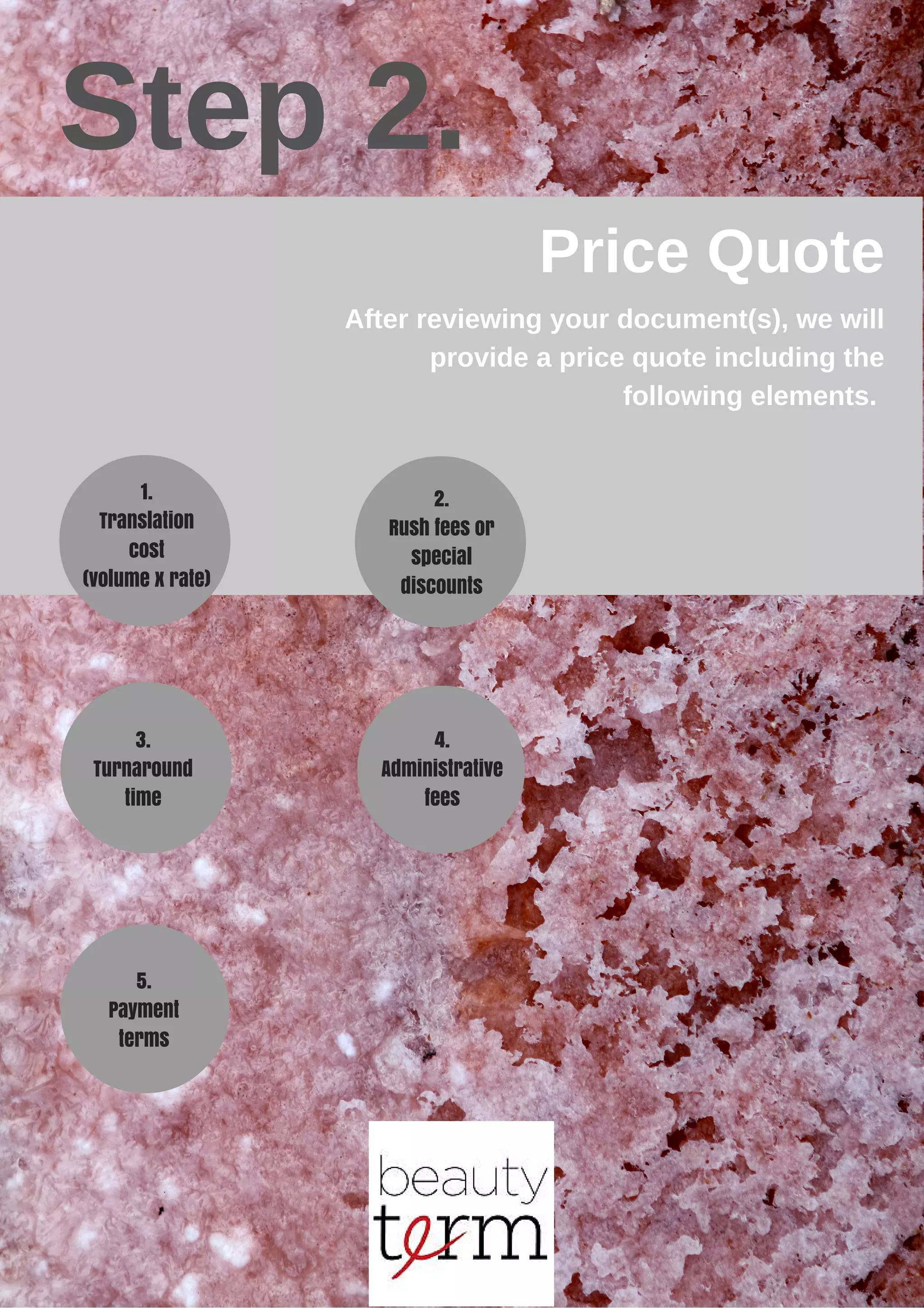 Step 2.
Price Quote
After reviewing your document(s), we will
provide a price quote including the
following elements.
1.
Translation
cost
(volume x rate)
3.
Turnaround
time
2.
Rush fees or
special
discounts
5.
Payment
terms
4.
Administrative
fees
 