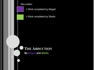 Key codes:

    = Work completed by Abigail


    = Work completed by Gledis




   THE ABDUCTION
   By Abigail and Gledis
 