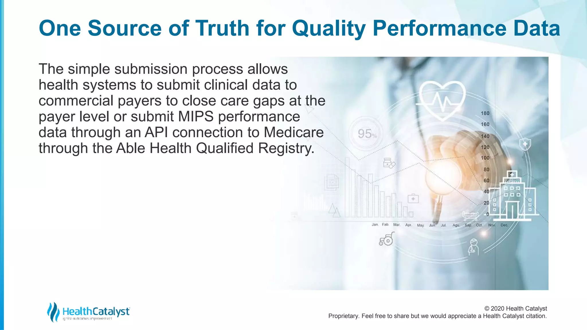 © 2020 Health Catalyst
Proprietary. Feel free to share but we would appreciate a Health Catalyst citation.
One Source of Truth for Quality Performance Data
The simple submission process allows
health systems to submit clinical data to
commercial payers to close care gaps at the
payer level or submit MIPS performance
data through an API connection to Medicare
through the Able Health Qualified Registry.
 