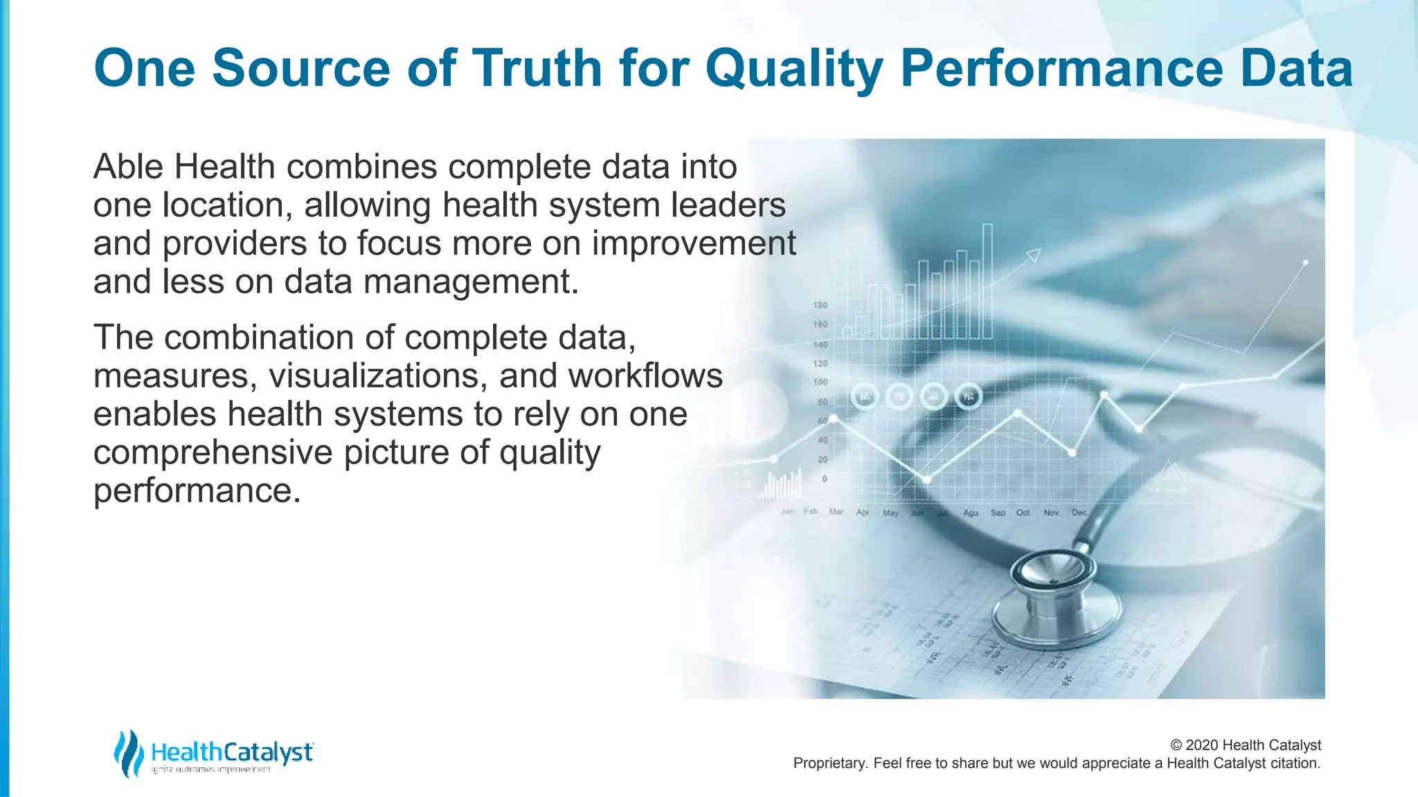 © 2020 Health Catalyst
Proprietary. Feel free to share but we would appreciate a Health Catalyst citation.
One Source of Truth for Quality Performance Data
Able Health combines complete data into
one location, allowing health system leaders
and providers to focus more on improvement
and less on data management.
The combination of complete data,
measures, visualizations, and workflows
enables health systems to rely on one
comprehensive picture of quality
performance.
 
