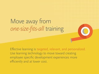 Effective learning is targeted, relevant, and personalized.
Use learning technology to move toward creating
employee specific development experiences more
efficiently and at lower cost.
Move away from
one-size-fits-all training
 