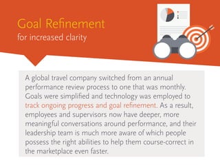 A global travel company switched from an annual
performance review process to one that was monthly.
Goals were simplified and technology was employed to
track ongoing progress and goal refinement. As a result,
employees and supervisors now have deeper, more
meaningful conversations around performance, and their
leadership team is much more aware of which people
possess the right abilities to help them course-correct in
the marketplace even faster.
Goal Refinement
for increased clarity
 