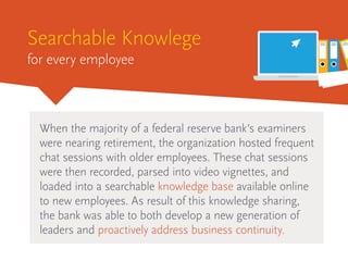 Searchable Knowlege
for every employee
When the majority of a federal reserve bank’s examiners
were nearing retirement, the organization hosted frequent
chat sessions with older employees. These chat sessions
were then recorded, parsed into video vignettes, and
loaded into a searchable knowledge base available online
to new employees. As result of this knowledge sharing,
the bank was able to both develop a new generation of
leaders and proactively address business continuity.
 