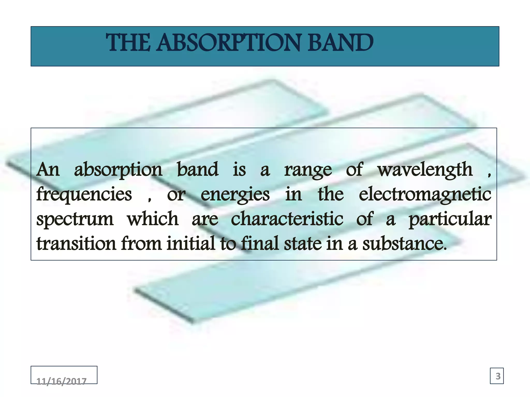 THE ABSORPTION BAND
An absorption band is a range of wavelength ,
frequencies , or energies in the electromagnetic
spectrum which are characteristic of a particular
transition from initial to final state in a substance.
11/16/2017
3
 