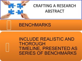 CRAFTING A RESEARCH
ABSTRACT
BENCHMARKS

INCLUDE REALISTIC AND
THOROUGH
TIMELINE, PRESENTED AS
SERIES OF BENCHMARKS

 