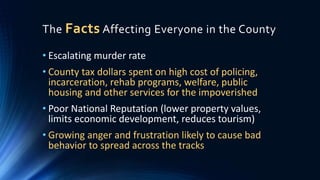 The Facts Affecting Everyone in the County
• Escalating murder rate
• County tax dollars spent on high cost of policing,
incarceration, rehab programs, welfare, public
housing and other services for the impoverished
• Poor National Reputation (lower property values,
limits economic development, reduces tourism)
• Growing anger and frustration likely to cause bad
behavior to spread across the tracks
 