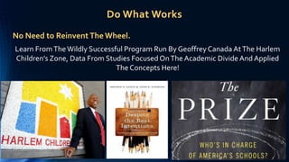Do What Works
No Need to Reinvent The Wheel.
Learn FromTheWildly Successful Program Run By GeoffreyCanada AtThe Harlem
Children’s Zone, Data From Studies Focused OnThe Academic Divide And Applied
The Concepts Here!
 