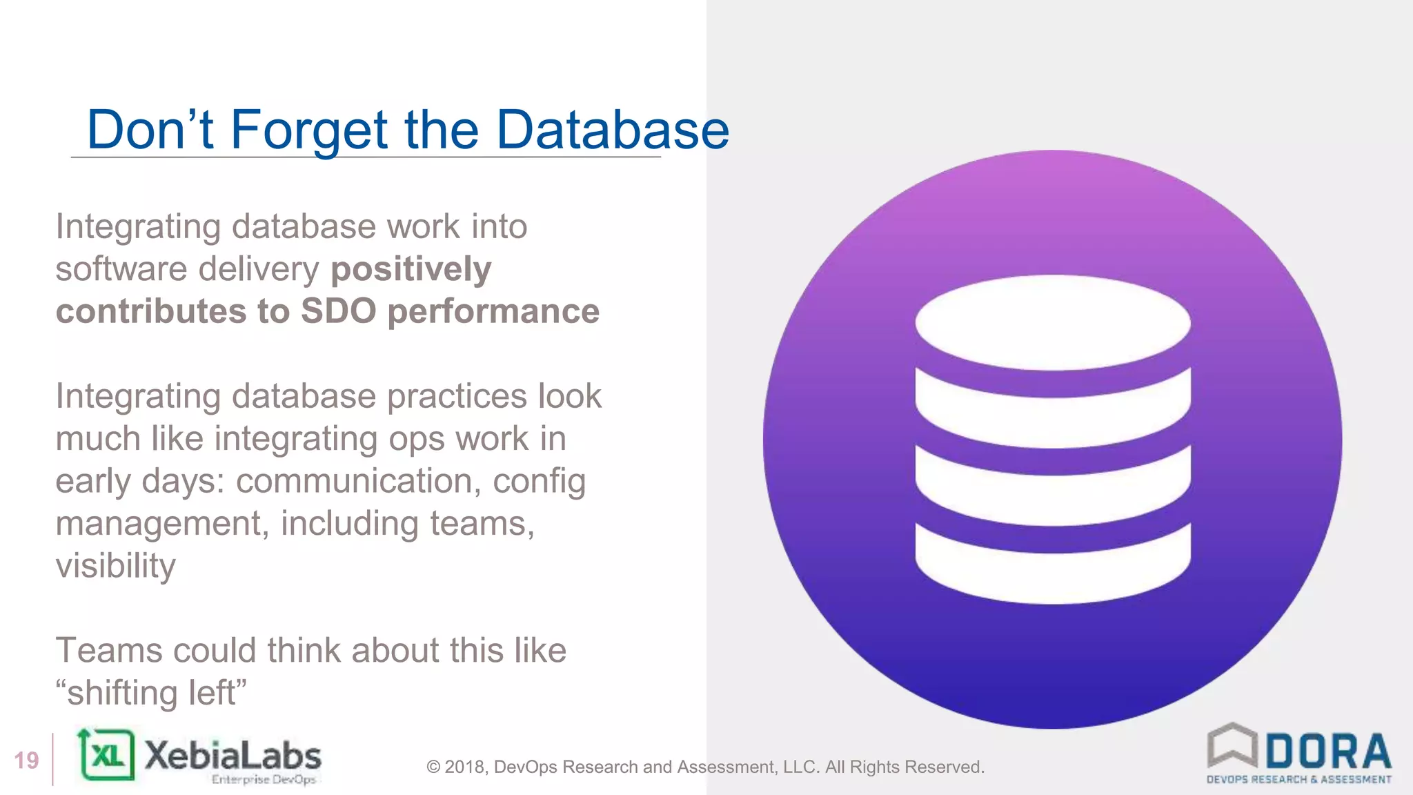© 2018, DevOps Research and Assessment, LLC. All Rights Reserved.19 © 2018, DevOps Research and Assessment, LLC. All Rights Reserved.
Don’t Forget the Database
Integrating database work into
software delivery positively
contributes to SDO performance
Integrating database practices look
much like integrating ops work in
early days: communication, config
management, including teams,
visibility
Teams could think about this like
“shifting left”
 