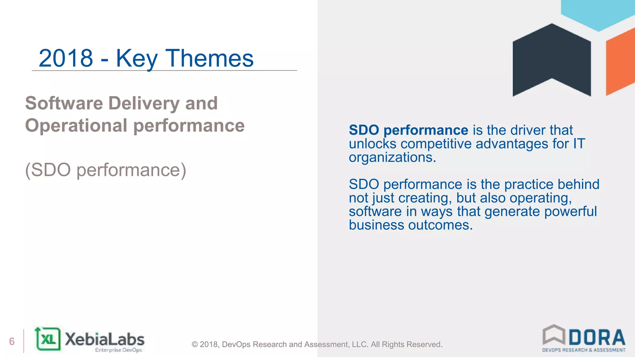 © 2018, DevOps Research and Assessment, LLC. All Rights Reserved.6 © 2018, DevOps Research and Assessment, LLC. All Rights Reserved.
Software Delivery and
Operational performance
(SDO performance)
2018 - Key Themes
SDO performance is the driver that
unlocks competitive advantages for IT
organizations.
SDO performance is the practice behind
not just creating, but also operating,
software in ways that generate powerful
business outcomes.
 