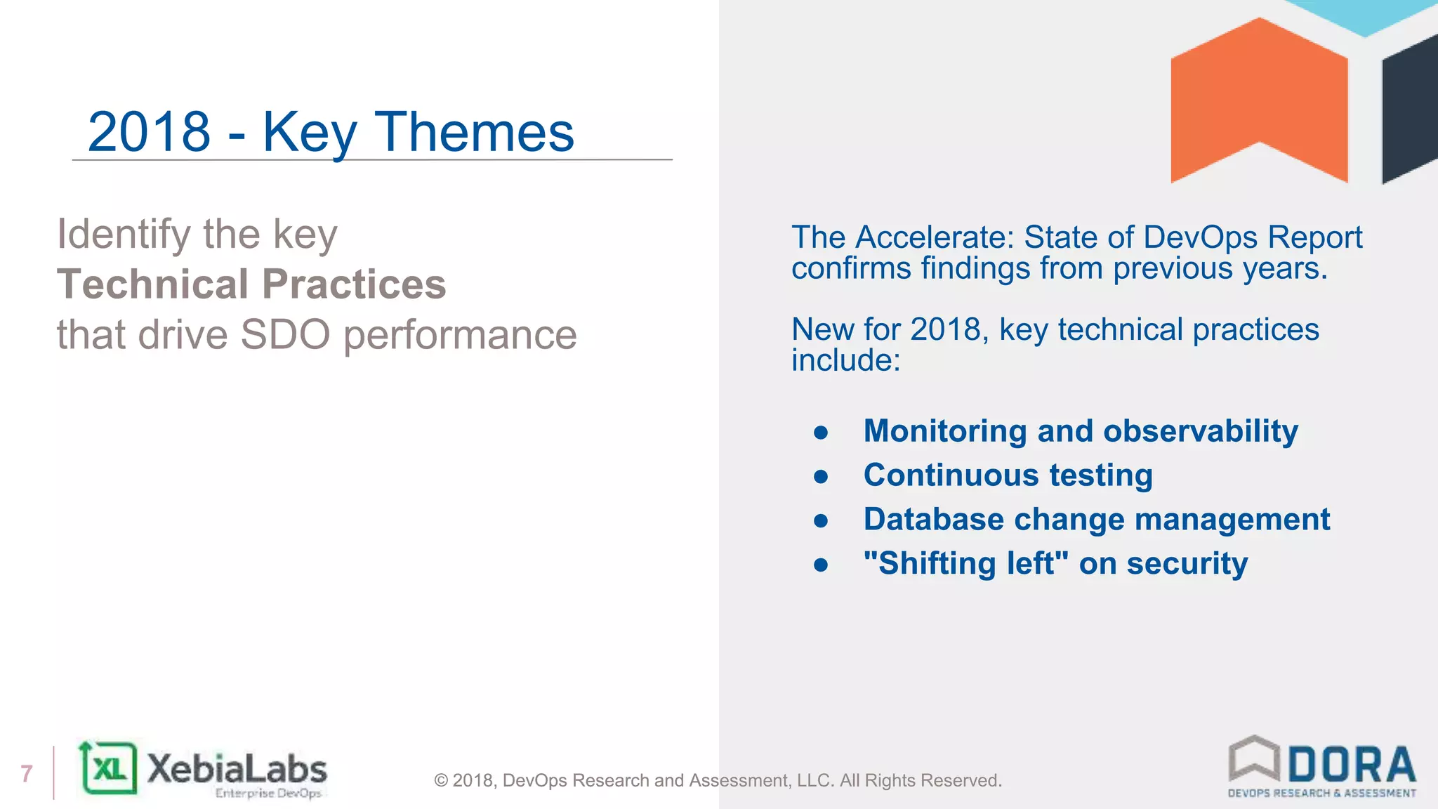 © 2018, DevOps Research and Assessment, LLC. All Rights Reserved.7 © 2018, DevOps Research and Assessment, LLC. All Rights Reserved.
Identify the key
Technical Practices
that drive SDO performance
2018 - Key Themes
The Accelerate: State of DevOps Report
confirms findings from previous years.
New for 2018, key technical practices
include:
● Monitoring and observability
● Continuous testing
● Database change management
● "Shifting left" on security
 