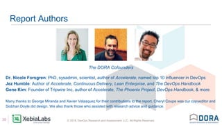 © 2018, DevOps Research and Assessment, LLC. All Rights Reserved.30
Report Authors
The DORA Cofounders
Dr. Nicole Forsgren: PhD, sysadmin, scientist, author of Accelerate, named top 10 influencer in DevOps
Jez Humble: Author of Accelerate, Continuous Delivery, Lean Enterprise, and The DevOps Handbook
Gene Kim: Founder of Tripwire Inc, author of Accelerate, The Phoenix Project, DevOps Handbook, & more
Many thanks to George Miranda and Xavier Velasquez for their contributions to the report. Cheryl Coupe was our copyeditor and
Siobhan Doyle did design. We also thank those who assisted with research advice and guidance.
 