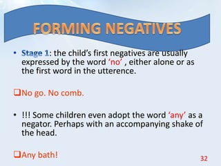: the child’s first negatives are usually
expressed by the word ‘no’ , either alone or as
the first word in the utterence.
No go. No comb.
• !!! Some children even adopt the word ‘any’ as a
negator. Perhaps with an accompanying shake of
the head.
Any bath! 32
 