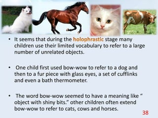• It seems that during the stage many
children use their limited vocabulary to refer to a large
number of unrelated objects.
• One child first used bow-wow to refer to a dog and
then to a fur piece with glass eyes, a set of cufflinks
and even a bath thermometer.
• The word bow-wow seemed to have a meaning like “
object with shiny bits.” other children often extend
bow-wow to refer to cats, cows and horses.
38
 