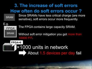 3. The increase of soft errors
How often do soft errors occur ?
8
FPGA
SRAM
The FPGA contains large capacity SRAM.
Without soft error mitigation you got more than
10000 FIT.
E.g.
Since SRAMs have less critical charge (are more
sensitive), soft errors occur more frequently.
SRAM
×1000 units in network
FPGA×6
About 1.5 devices per day fail
 
