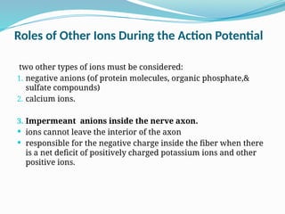 Roles of Other Ions During the Action Potential
two other types of ions must be considered:
1. negative anions (of protein molecules, organic phosphate,&
sulfate compounds)
2. calcium ions.
3. Impermeant anions inside the nerve axon.
 ions cannot leave the interior of the axon
 responsible for the negative charge inside the fiber when there
is a net deficit of positively charged potassium ions and other
positive ions.
 
