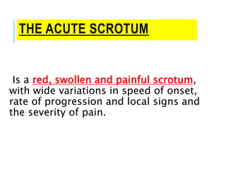 THE ACUTE SCROTUM
Is a red, swollen and painful scrotum,
with wide variations in speed of onset,
rate of progression and local signs and
the severity of pain.
 