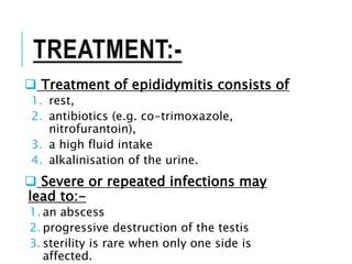 TREATMENT:-
 Treatment of epididymitis consists of
1. rest,
2. antibiotics (e.g. co-trimoxazole,
nitrofurantoin),
3. a high fluid intake
4. alkalinisation of the urine.
 Severe or repeated infections may
lead to:-
1. an abscess
2. progressive destruction of the testis
3. sterility is rare when only one side is
affected.
 