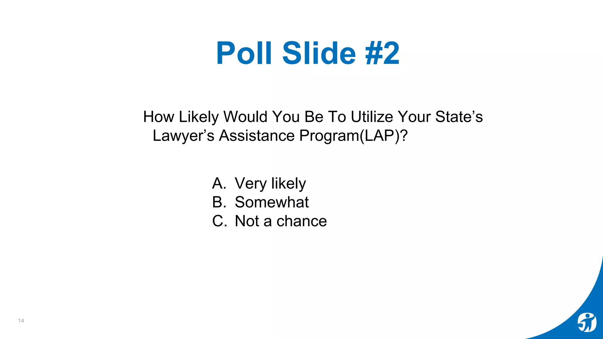 Poll Slide #2
How Likely Would You Be To Utilize Your State’s
Lawyer’s Assistance Program(LAP)?
14
A. Very likely
B. Somewhat
C. Not a chance
 