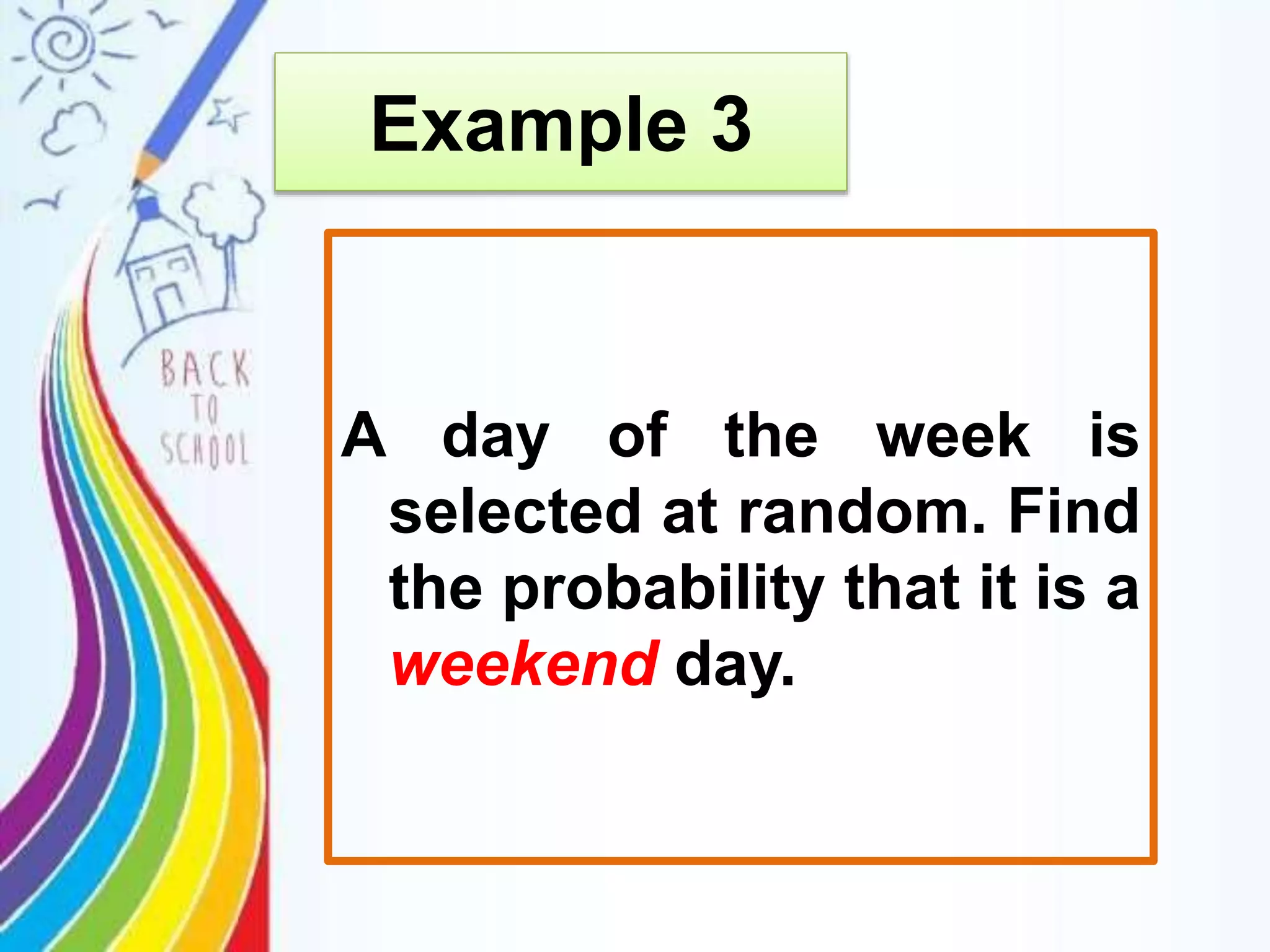 A day of the week is
selected at random. Find
the probability that it is a
weekend day.
Example 3
 