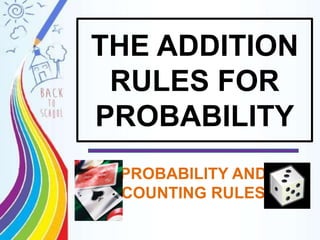 THE ADDITION
RULES FOR
PROBABILITY
PROBABILITY AND
COUNTING RULES
 