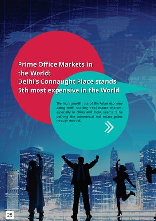 Prime Oﬃce Markets in
the World:
Delhi’s Connaught Place stands
5th most expensive in the World
Prime Oﬃce Markets in
the World:
Delhi’s Connaught Place stands
5th most expensive in the World
The high growth rate of the Asian economy
along with soaring real estate market,
especially in China and India, seems to be
pushing the commercial real estate prices
through the roof.
25
 