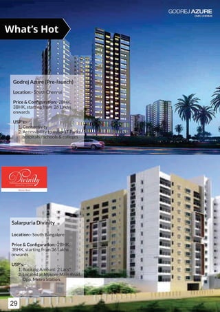 Godrej Azure (Pre-launch)
Location:- South Chennai
Price & Conﬁguration:-2BHK,
3BHK, starting from 26 Lakhs
onwards
USP's:-
1. Connectivity
2. Accessibility to major IT Parks /
hospitals / schools & colleges
Salarpuria Divinity
Location:- South Bangalore
Price & Conﬁguration:-2BHK,
3BHK, starting from 36 Lakhs
onwards
USP's:-
1. Booking Amount: 2 Lacs*
2. Located at Mysore Main Road,
Opp. Metro Station.
What’s Hot
29
 